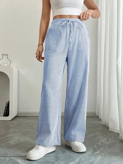 Pantalones de rayas de pierna ancha con cordón para mujer-Pants for Women-Casaluzia