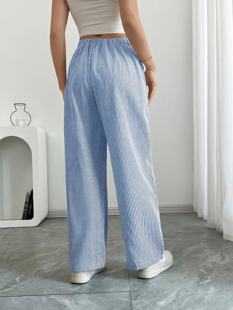 Pantalones de rayas de pierna ancha con cordón para mujer-Pants for Women-Casaluzia