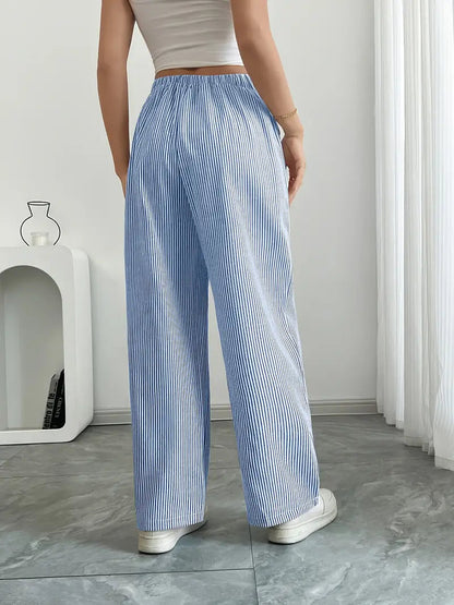 Pantalones de rayas de pierna ancha con cordón para mujer-Pants for Women-Casaluzia