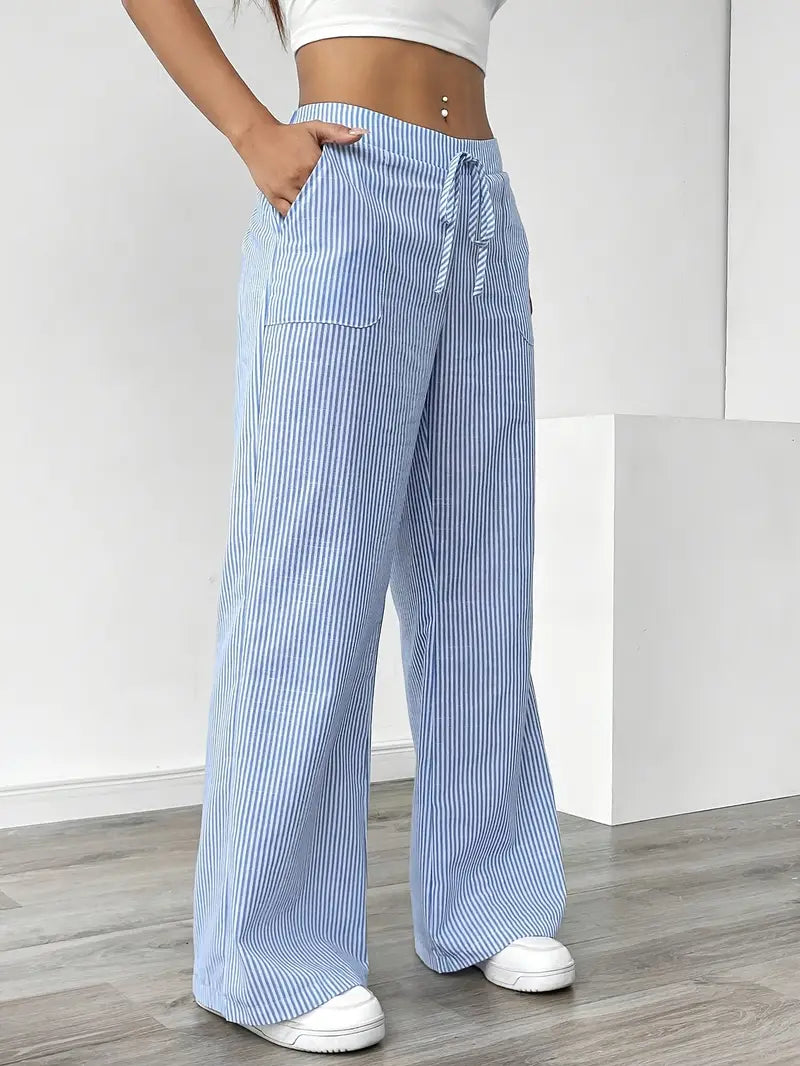 Pantalones de rayas de pierna ancha con cordón para mujer-Pants for Women-Casaluzia