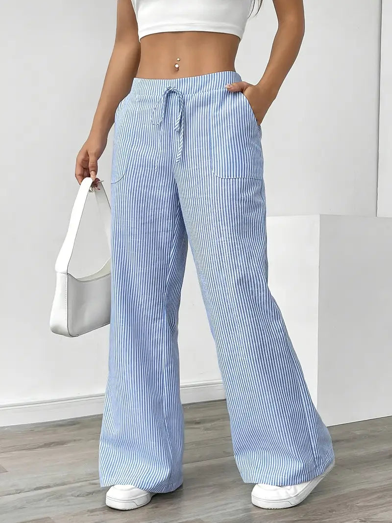 Pantalones de rayas de pierna ancha con cordón para mujer-Pants for Women-Casaluzia