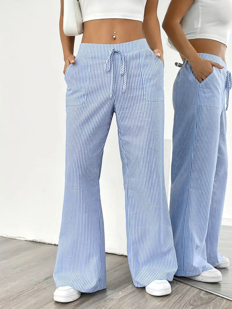 Pantalones de rayas de pierna ancha con cordón para mujer-Pants for Women-Casaluzia
