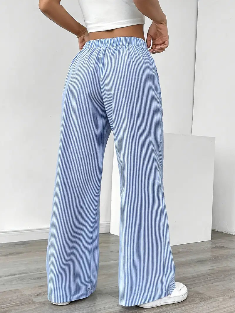 Pantalones de rayas de pierna ancha con cordón para mujer-Pants for Women-Casaluzia