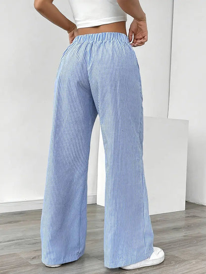 Pantalones de rayas de pierna ancha con cordón para mujer-Pants for Women-Casaluzia