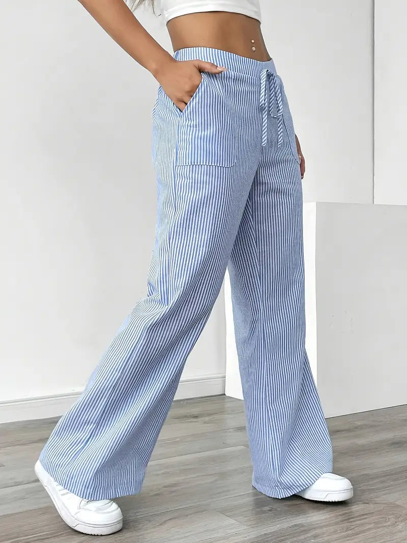 Pantalones de rayas de pierna ancha con cordón para mujer-Pants for Women-Casaluzia