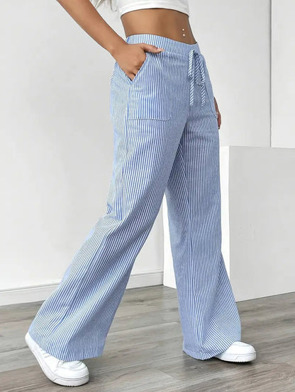 Pantalones de rayas de pierna ancha con cordón para mujer-Pants for Women-Casaluzia