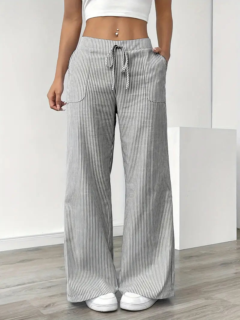 Pantalones de rayas de pierna ancha con cordón para mujer-Pants for Women-Casaluzia