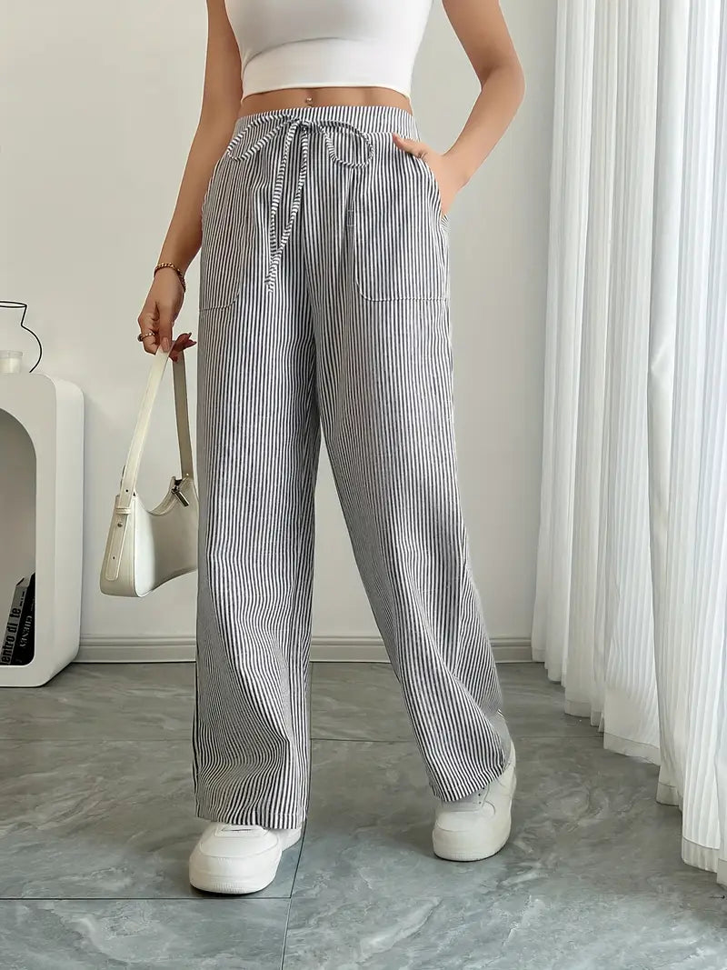 Pantalones de rayas de pierna ancha con cordón para mujer-Pants for Women-Casaluzia