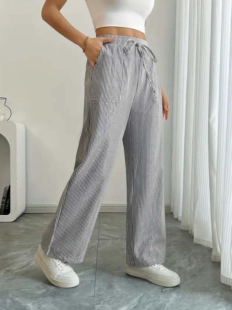 Pantalones de rayas de pierna ancha con cordón para mujer-Pants for Women-Casaluzia