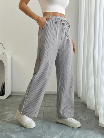 Pantalones de rayas de pierna ancha con cordón para mujer-Pants for Women-Casaluzia