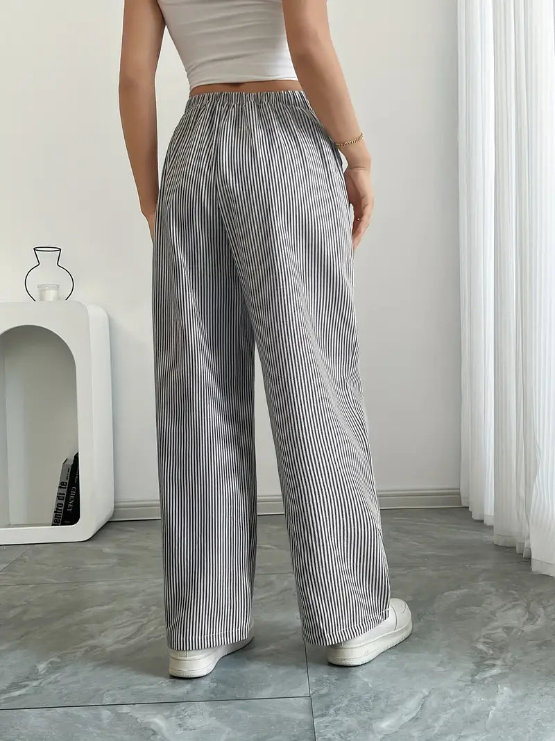 Pantalones de rayas de pierna ancha con cordón para mujer-Pants for Women-Casaluzia