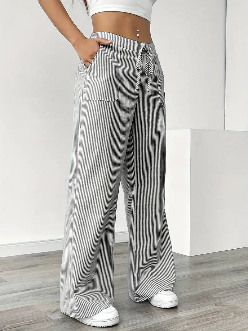 Pantalones de rayas de pierna ancha con cordón para mujer-Pants for Women-Casaluzia