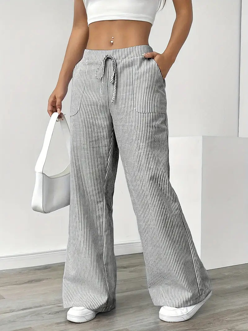 Pantalones de rayas de pierna ancha con cordón para mujer-Pants for Women-Casaluzia