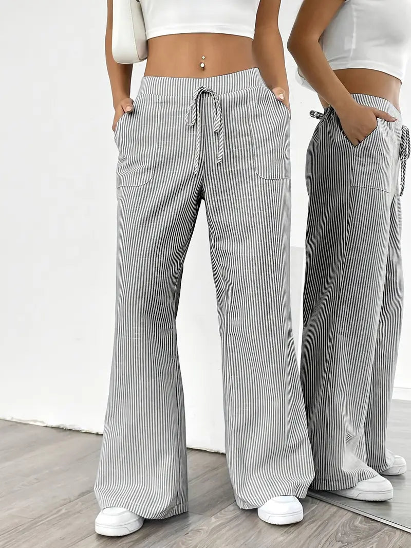 Pantalones de rayas de pierna ancha con cordón para mujer-Pants for Women-Casaluzia