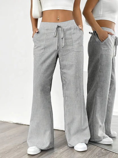 Pantalones de rayas de pierna ancha con cordón para mujer-Pants for Women-Casaluzia