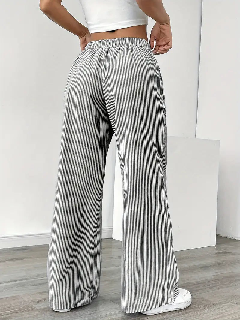 Pantalones de rayas de pierna ancha con cordón para mujer-Pants for Women-Casaluzia