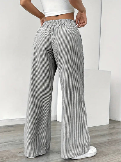 Pantalones de rayas de pierna ancha con cordón para mujer-Pants for Women-Casaluzia