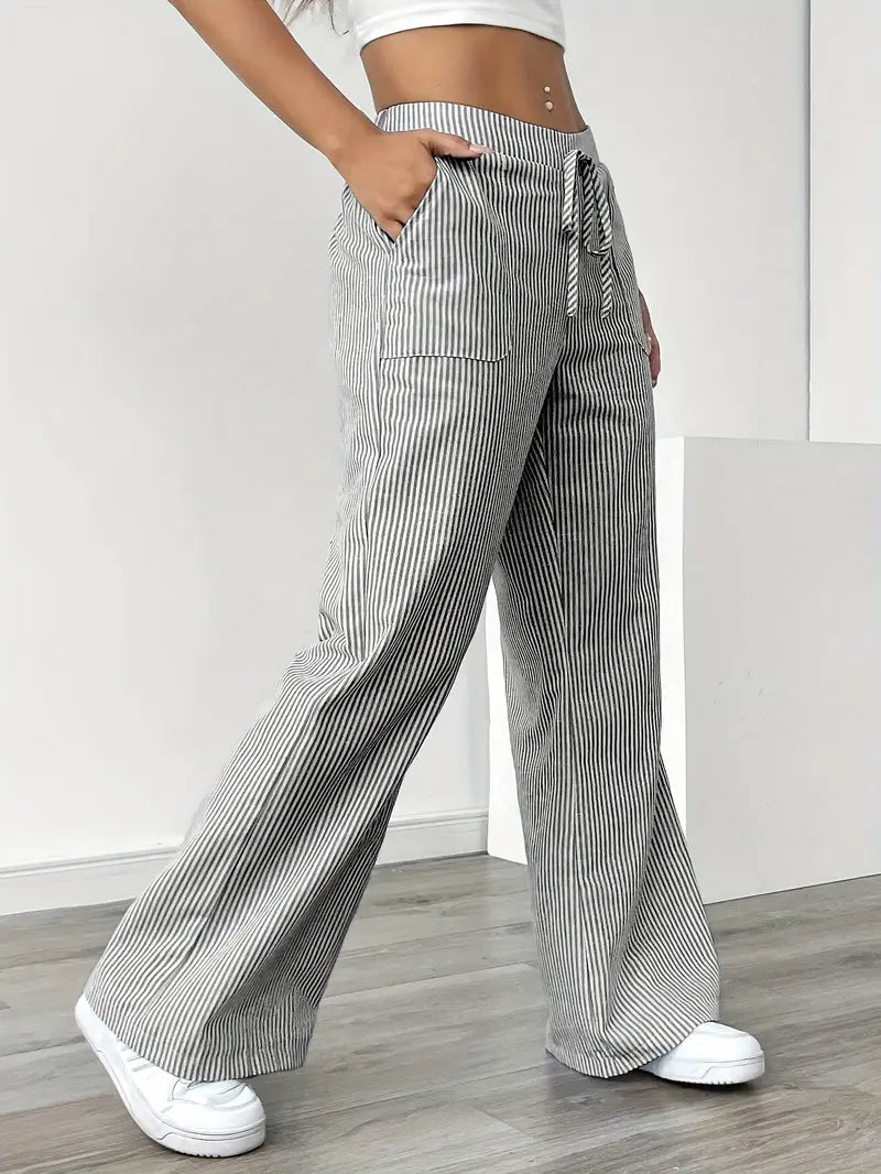Pantalones de rayas de pierna ancha con cordón para mujer-Pants for Women-Casaluzia