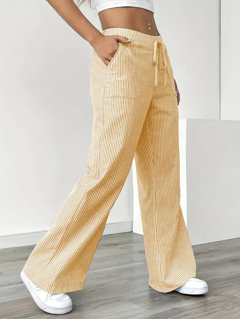Pantalones de rayas de pierna ancha con cordón para mujer-Pants for Women-Casaluzia