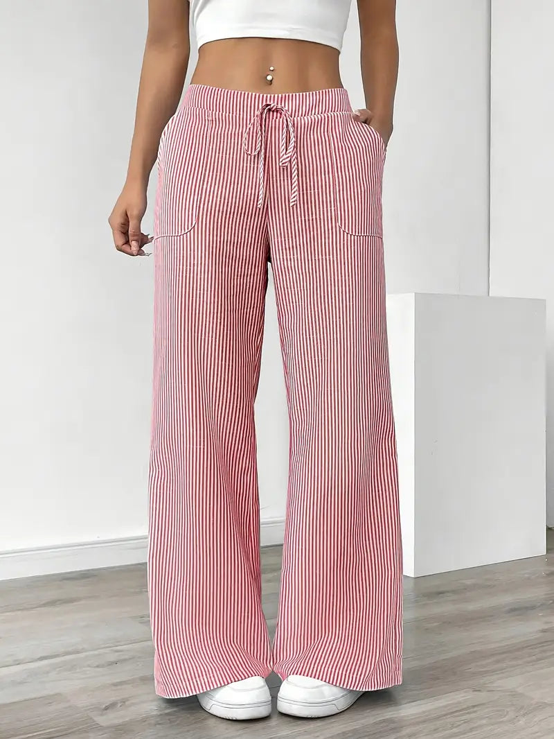Pantalones de rayas de pierna ancha con cordón para mujer-Pants for Women-Casaluzia