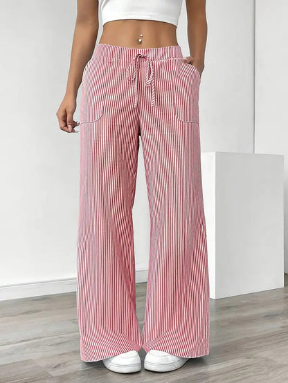 Pantalones de rayas de pierna ancha con cordón para mujer-Pants for Women-Casaluzia