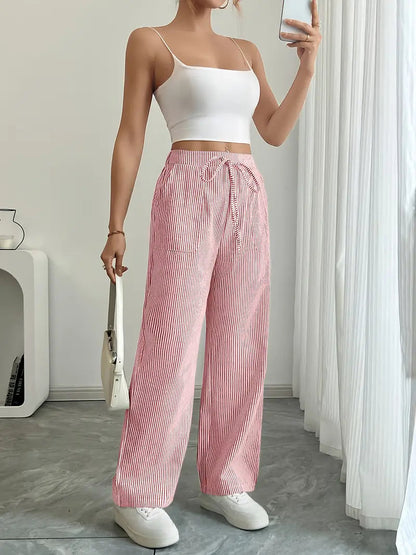 Pantalones de rayas de pierna ancha con cordón para mujer-Pants for Women-Casaluzia