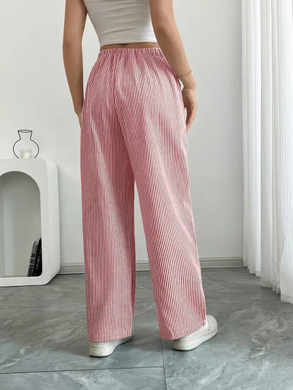 Pantalones de rayas de pierna ancha con cordón para mujer-Pants for Women-Casaluzia