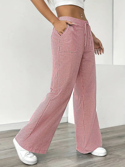 Pantalones de rayas de pierna ancha con cordón para mujer-Pants for Women-Casaluzia