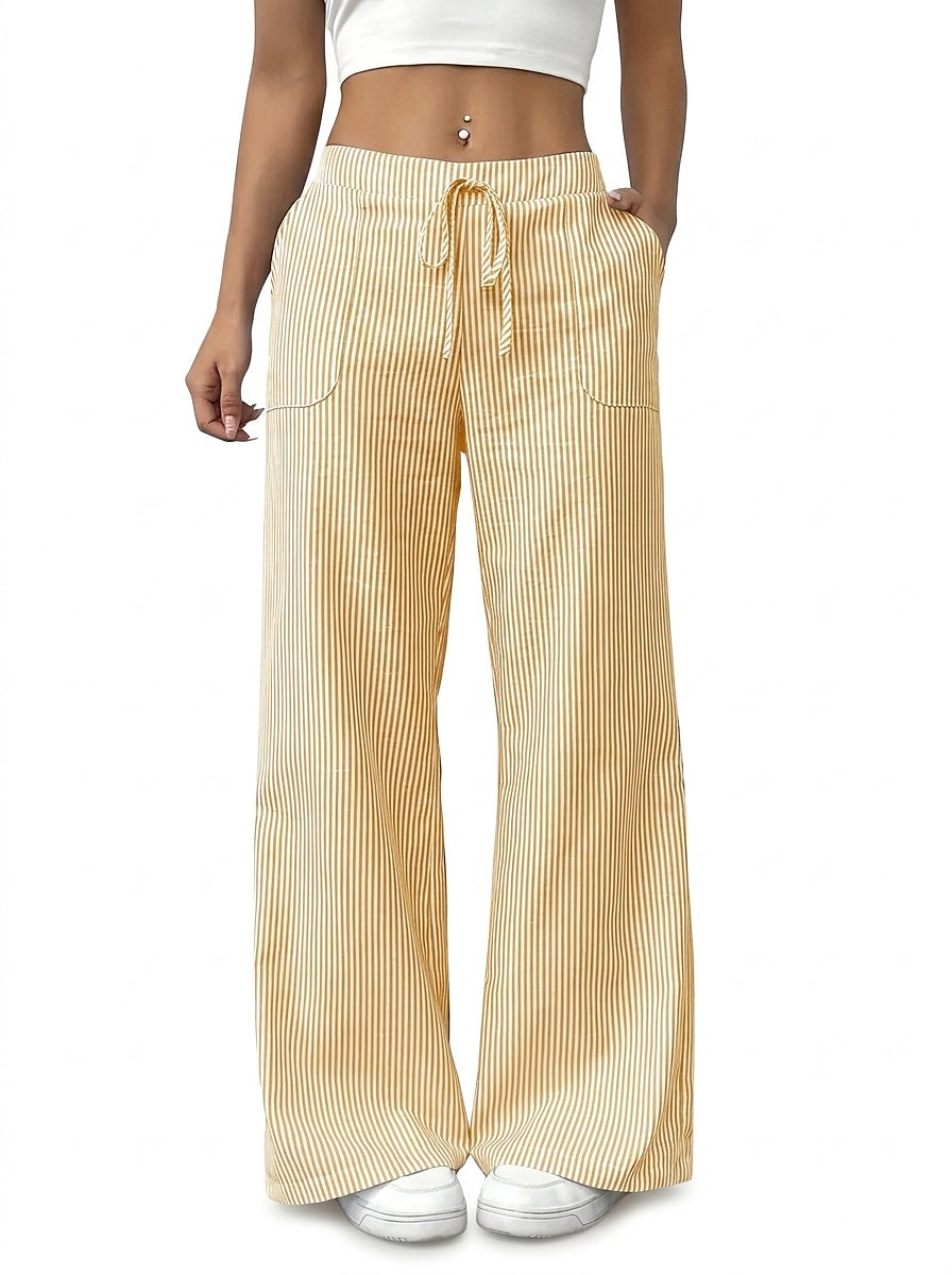 Pantalones de rayas de pierna ancha con cordón para mujer-Pants for Women-Casaluzia