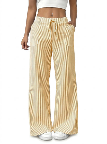 Pantalones de rayas de pierna ancha con cordón para mujer-Pants for Women-Casaluzia