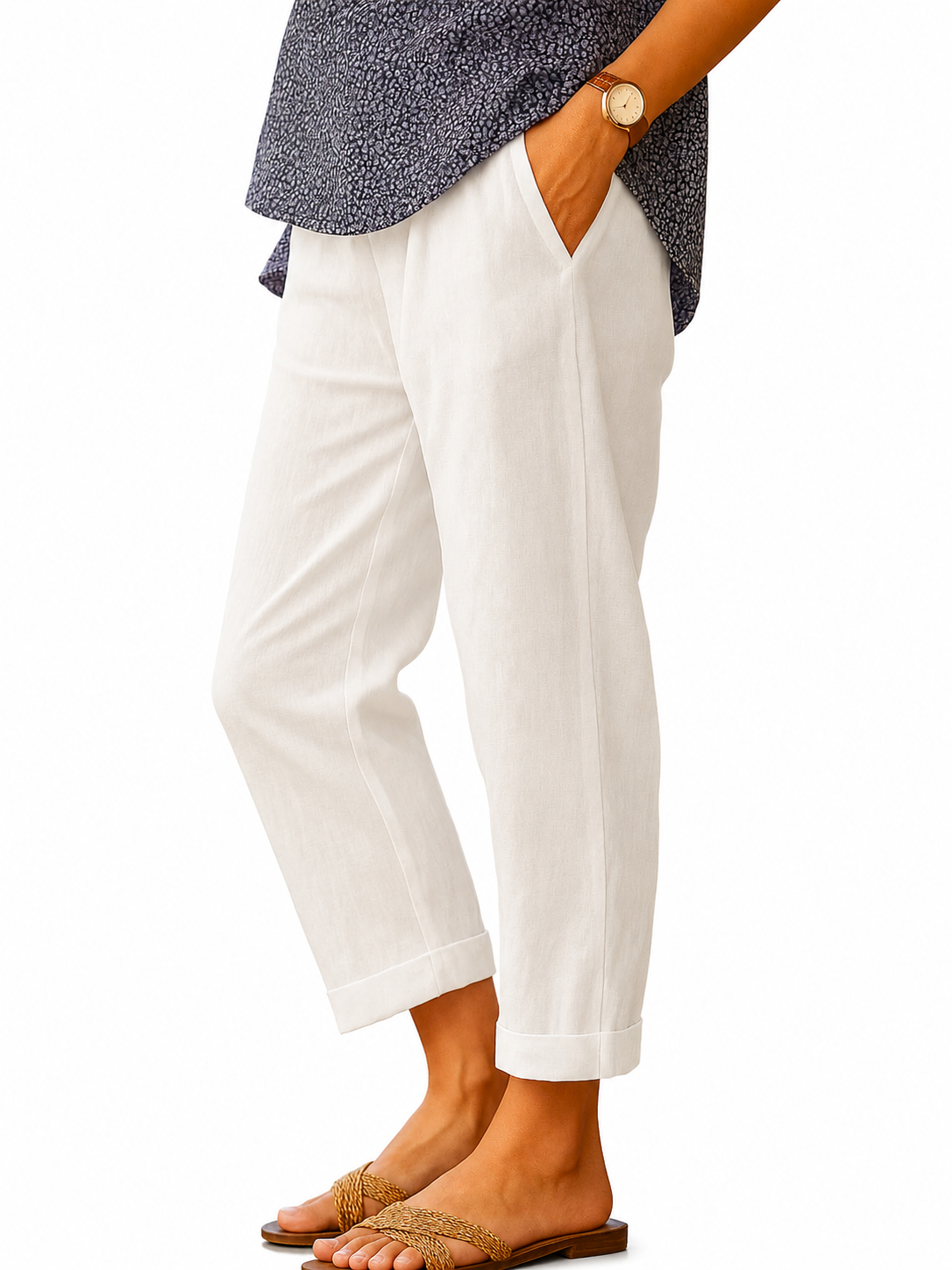 Pantalones rectos cropped con vuelta para mujer-Pants for Women-Casaluzia