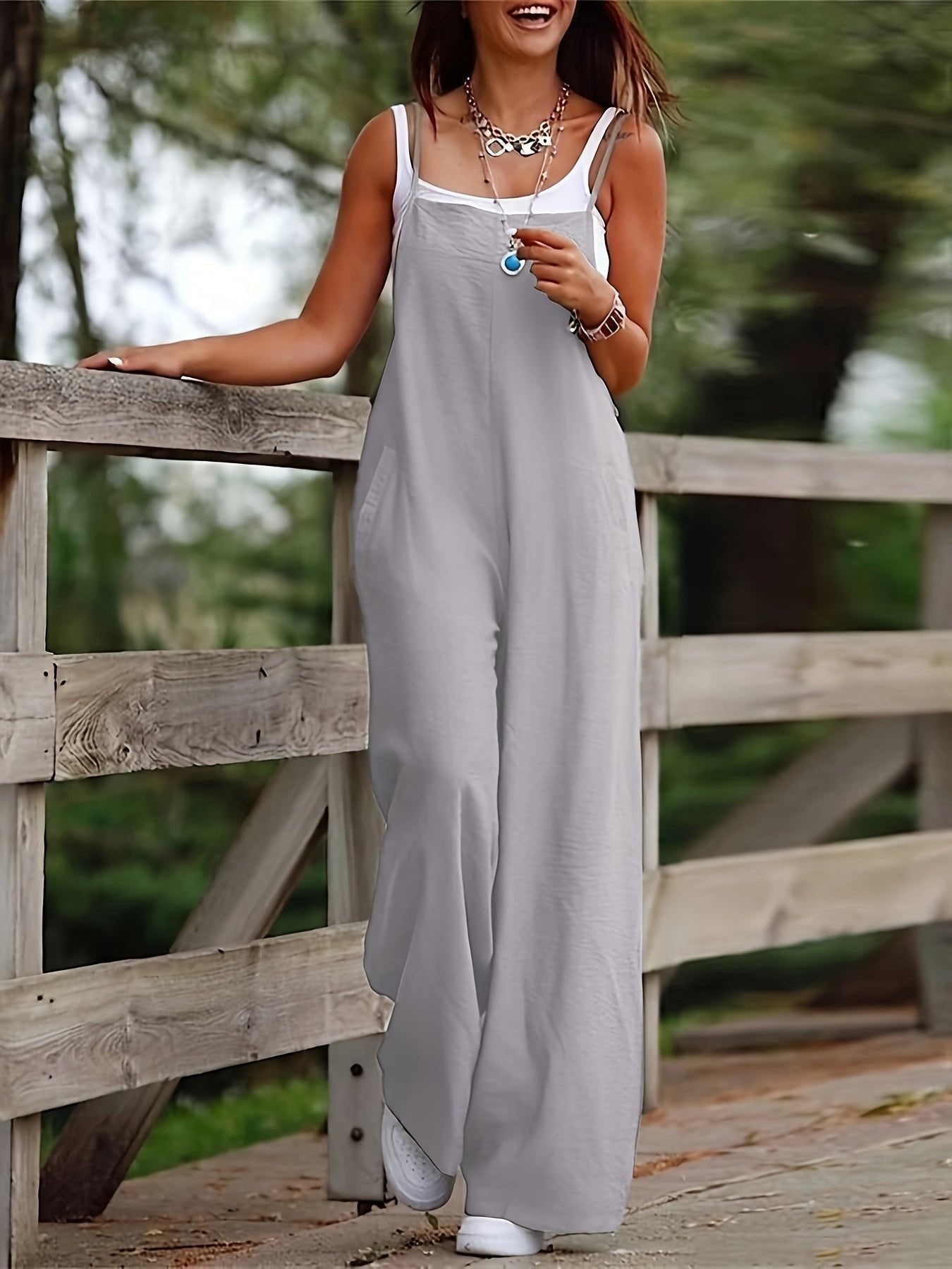 Peto de pierna ancha sin mangas para mujer-Pants for Women-Casaluzia