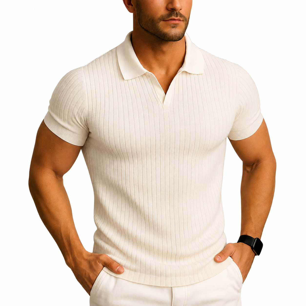 Polo de corte entallado con cuello en V para hombre-T-shirt for men-Casaluzia