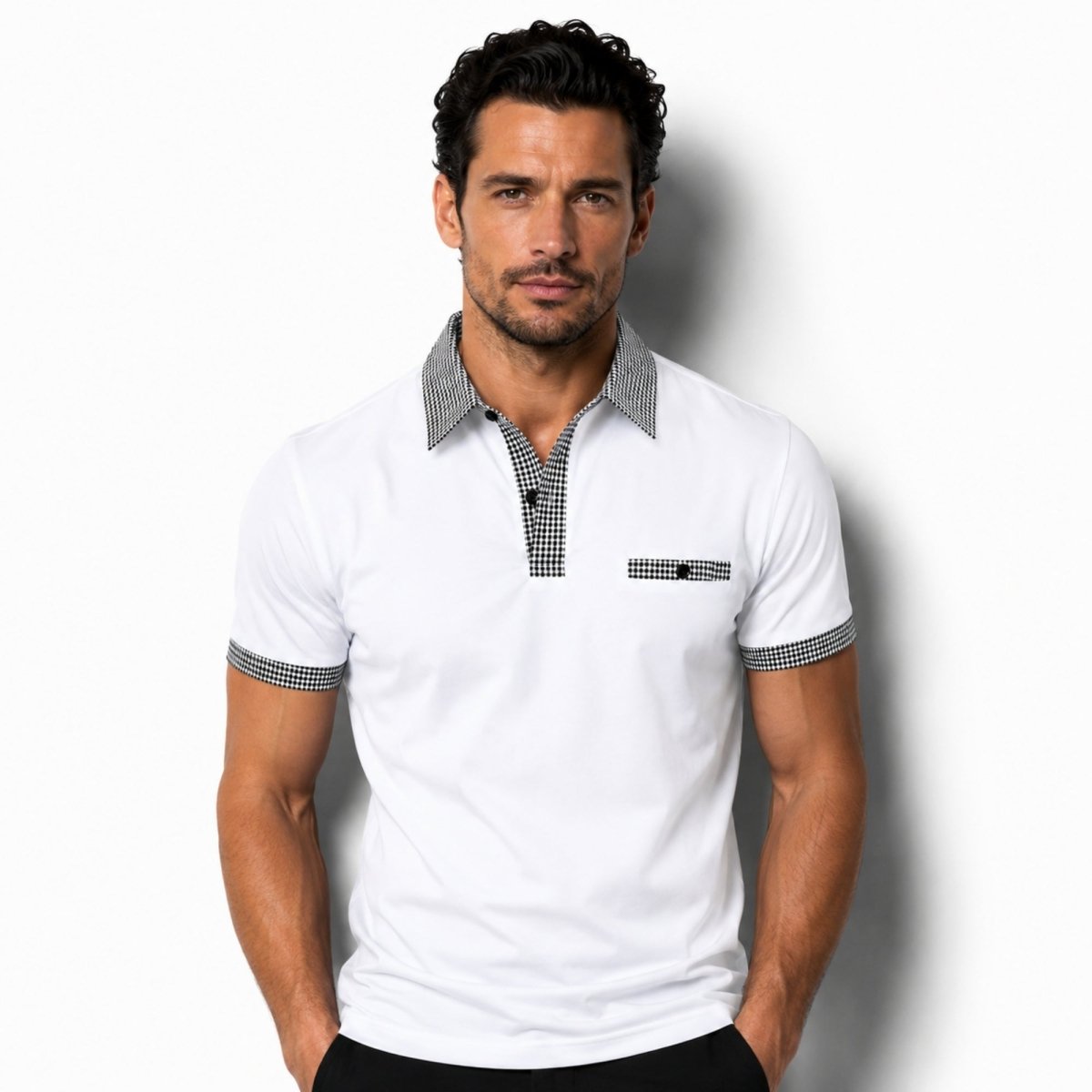 Polo de manga corta para hombre con ribete estampado-Shirts for men-Casaluzia