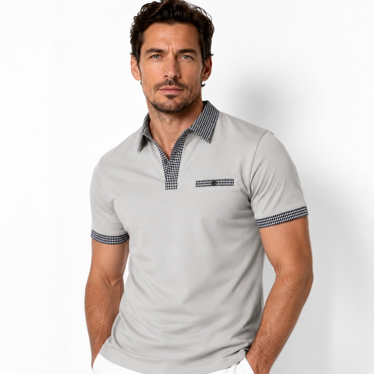 Polo de manga corta para hombre con ribete estampado-Shirts for men-Casaluzia