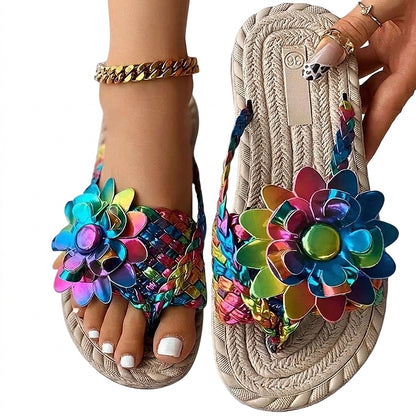 Sandalias planas con tiras trenzadas y flores para mujer-Footwear for women-Casaluzia