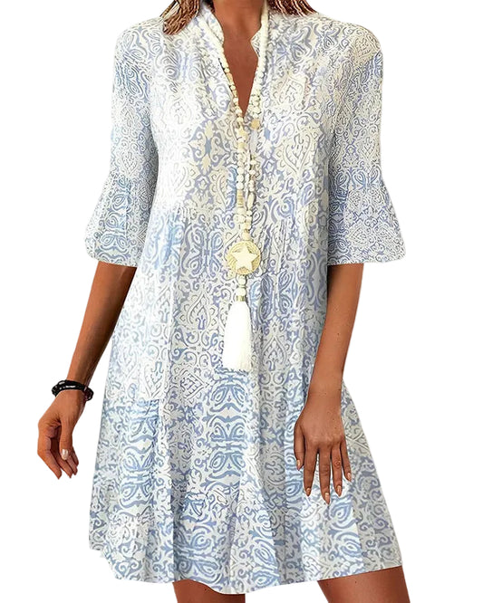 Mujer vestido corto con estampado, escote en V y mangas acampanadas