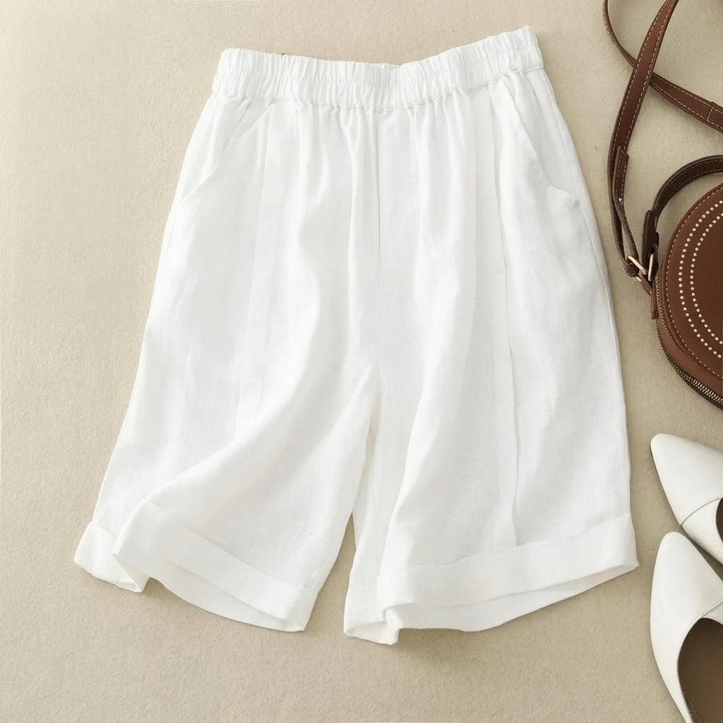 Short de mujer con cintura elástica, dobladillo doblado y bolsillos laterales-Shorts for women-Casaluzia