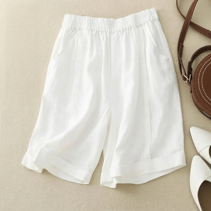Short de mujer con cintura elástica, dobladillo doblado y bolsillos laterales-Shorts for women-Casaluzia