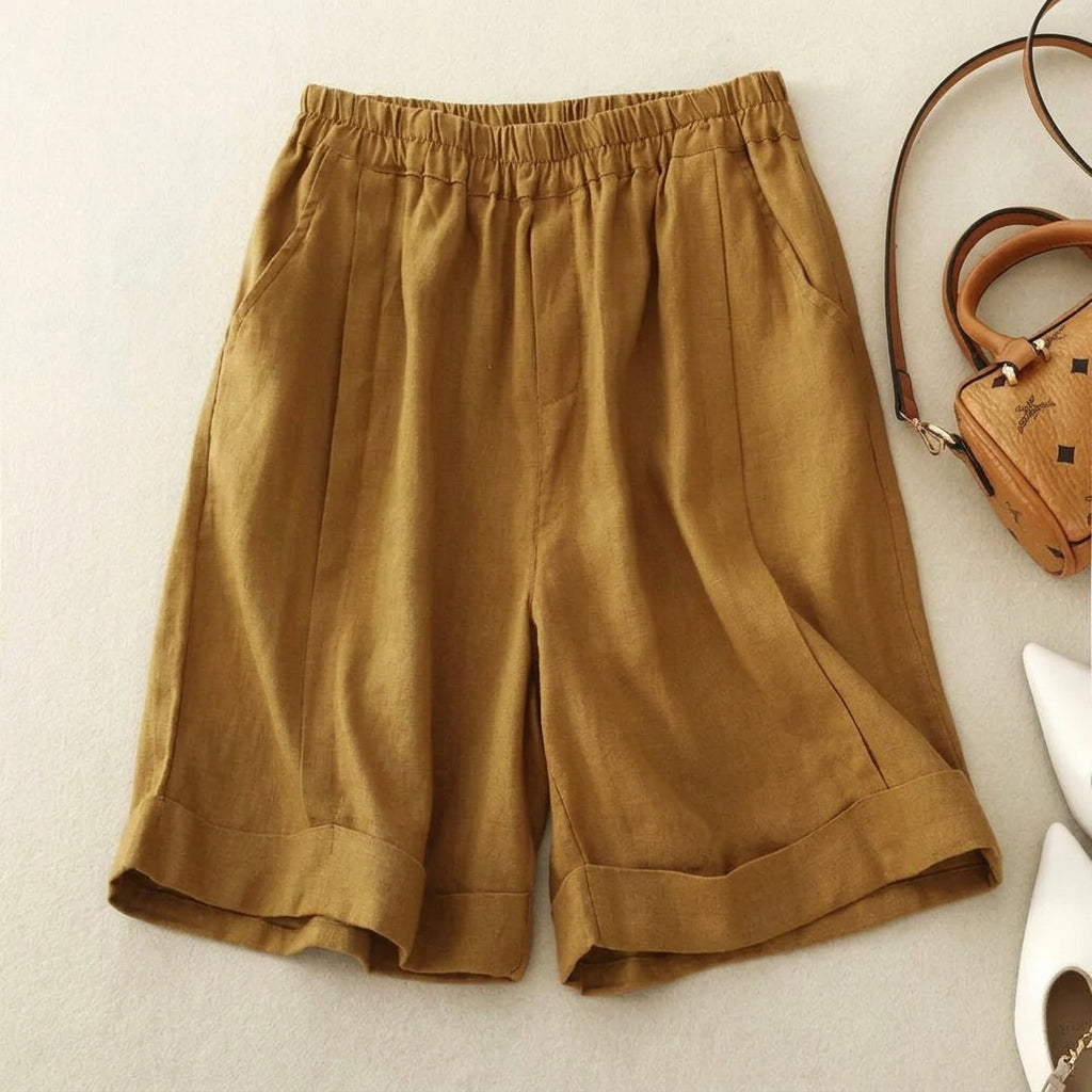 Short de mujer con cintura elástica, dobladillo doblado y bolsillos laterales-Shorts for women-Casaluzia