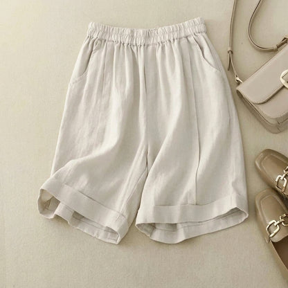 Short de mujer con cintura elástica, dobladillo doblado y bolsillos laterales-Shorts for women-Casaluzia