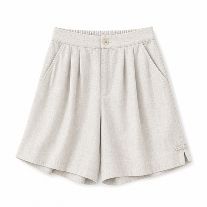 Short de mujer de tiro alto con cierre de botón, pliegues y bolsillos laterales-Shorts for women-Casaluzia
