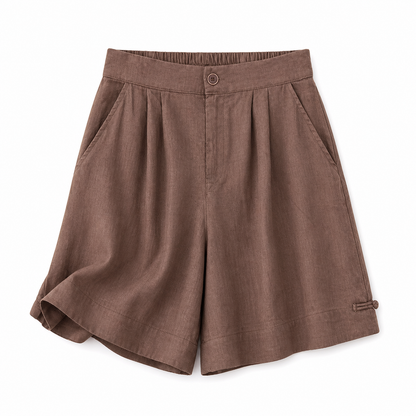 Short de mujer de tiro alto con cierre de botón, pliegues y bolsillos laterales-Shorts for women-Casaluzia