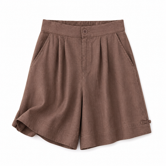 Short de mujer de tiro alto con cierre de botón, pliegues y bolsillos laterales-Shorts for women-Casaluzia