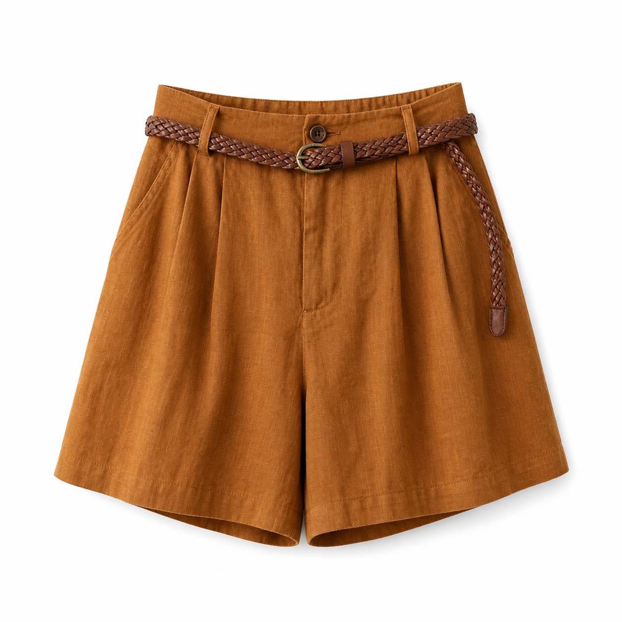 Short de mujer de tiro alto con pliegues, trabillas y bolsillos laterales-Shorts for women-Casaluzia