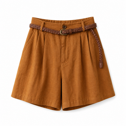 Short de mujer de tiro alto con pliegues, trabillas y bolsillos laterales-Shorts for women-Casaluzia