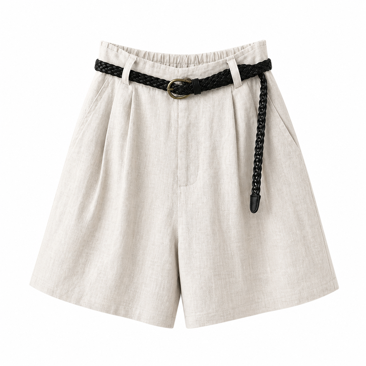Short de mujer de tiro alto con pliegues, trabillas y bolsillos laterales-Shorts for women-Casaluzia