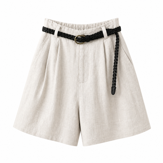 Short de mujer de tiro alto con pliegues, trabillas y bolsillos laterales-Shorts for women-Casaluzia