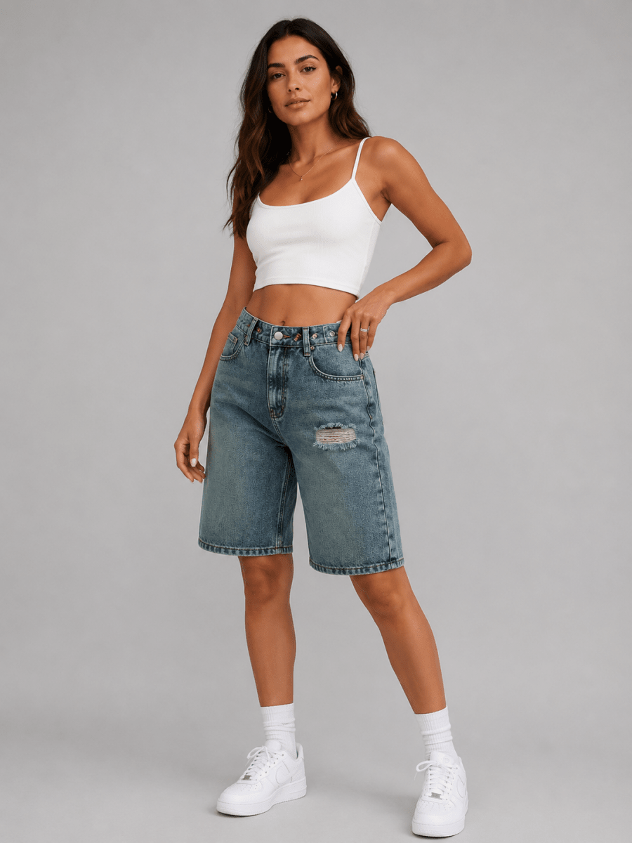 Shorts Bermuda de Mezclilla de Tiro Alto para Mujer-Shorts for women-Casaluzia