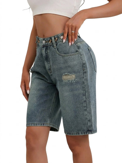 Shorts Bermuda de Mezclilla de Tiro Alto para Mujer-Shorts for women-Casaluzia